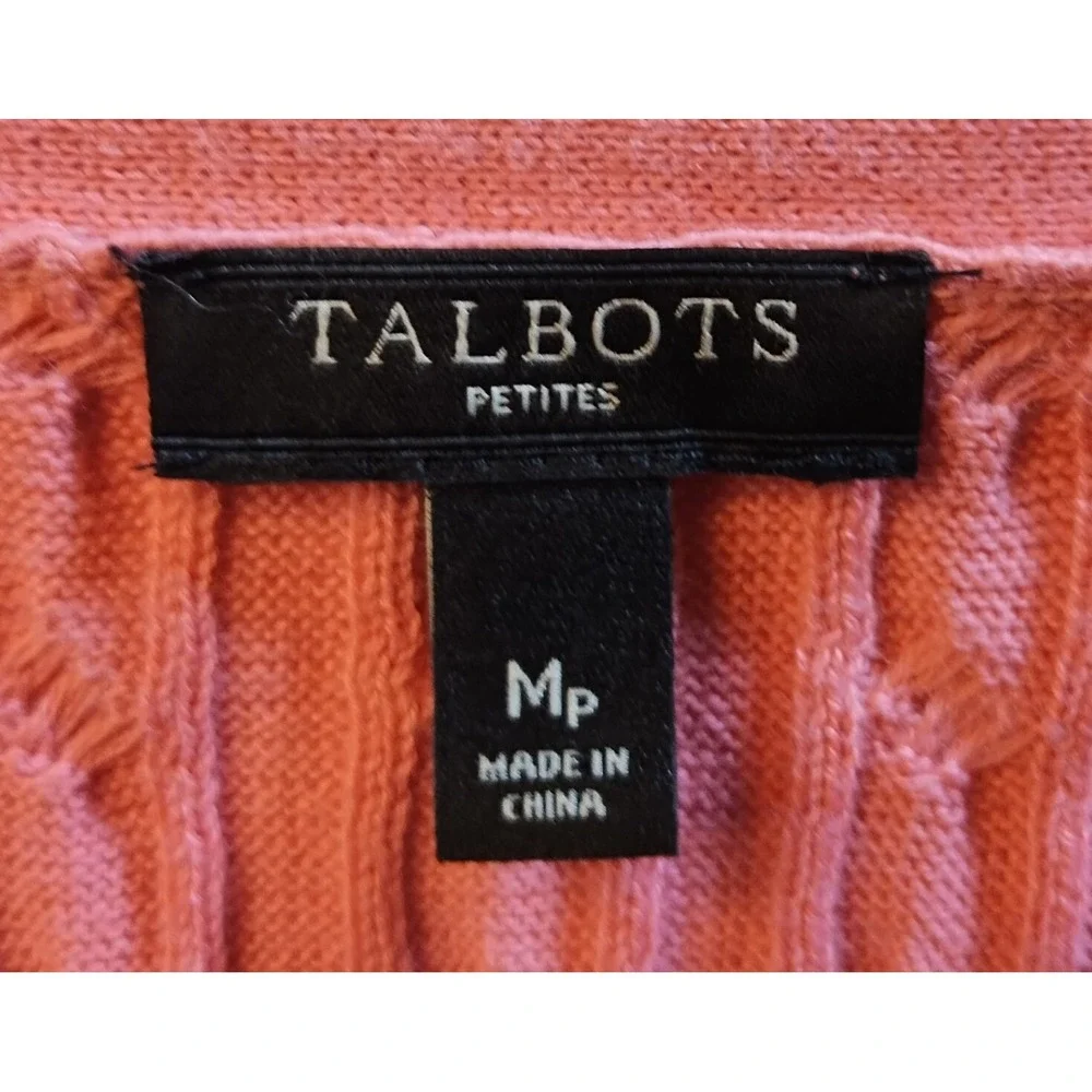 Talbots Petites Cable Knit Cardigan Sz M Coral Button‎ Sweater Preppy Layers